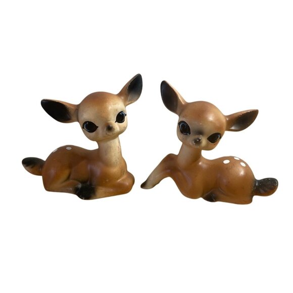 Vtg Japan Ceramic Deer Figurines Bambi Fawn Anthropomorphic Big Eyes MCM Kitsch - Picture 1 of 9